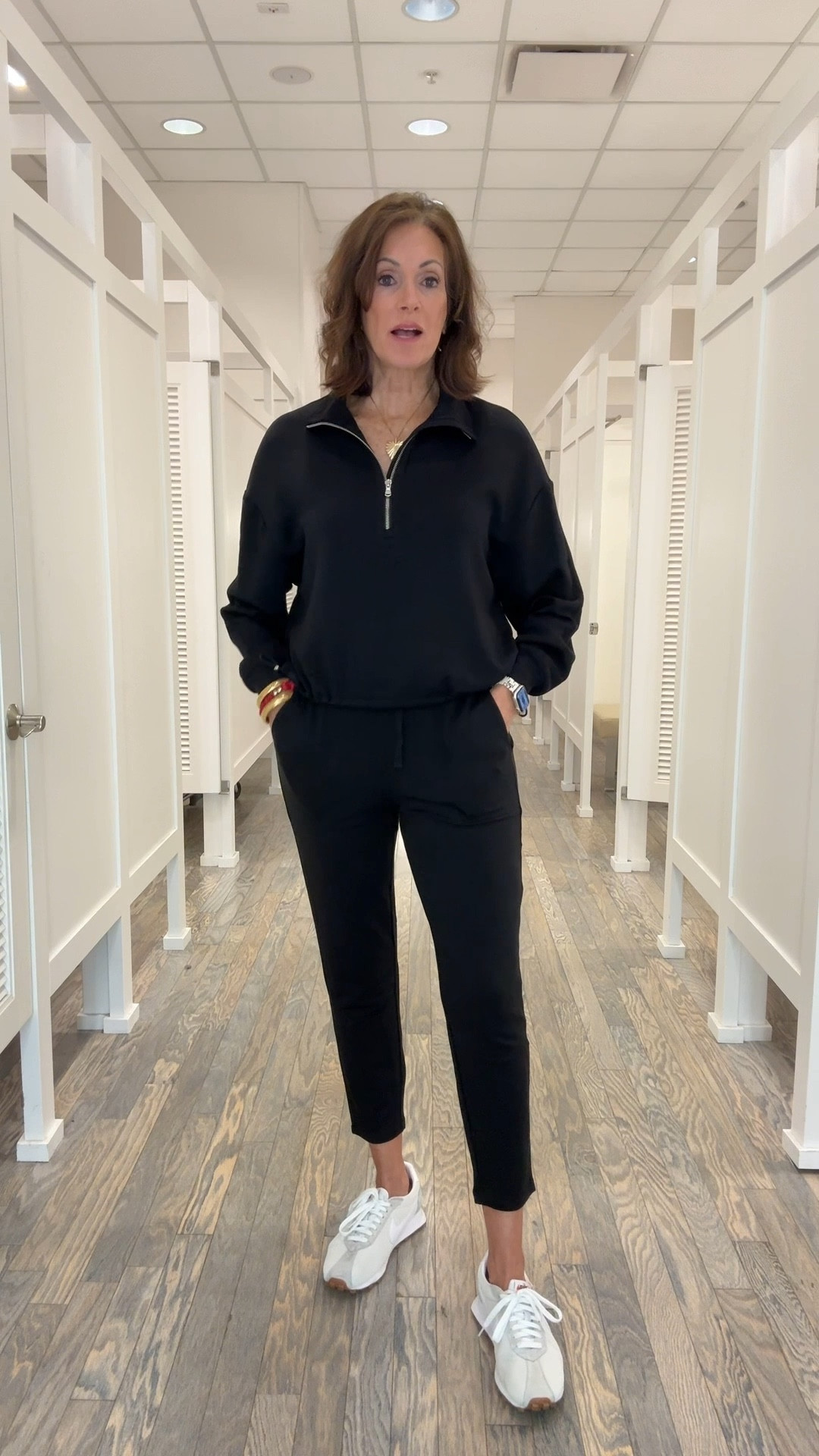 Zip top - medium 
Super soft pants - m
Jacket - m

#LTKTall #LTKMidsize #LTKTravel