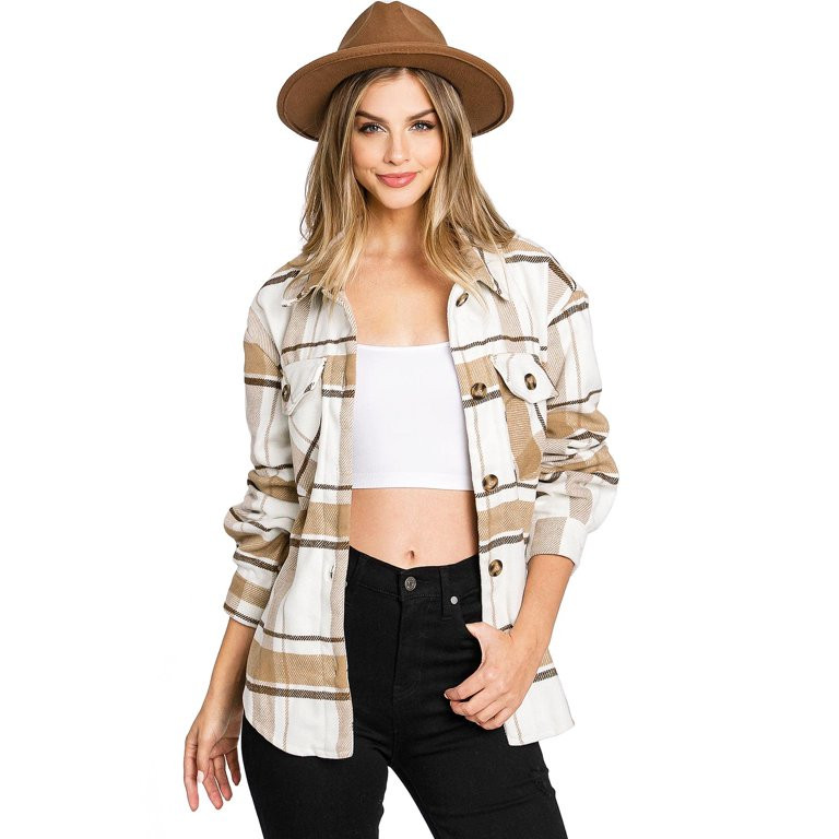Love Tree Women's Oversize Plaid Shirt Coat Shacket (Mocha, Large) - Walmart.com | Walmart (US)