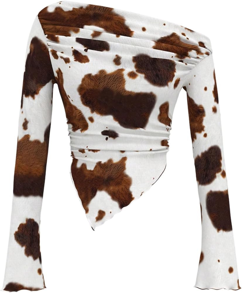 Women's Y2K Cow Print Bell Long Sleeve T Shirt Ruched Asymmetrical Neck Slim Fitted Tee Tops | Amazon (US)