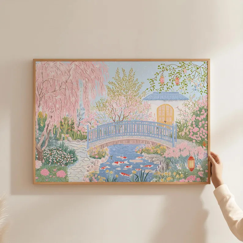 Japanese Garden Wall Art Print, Spring Cherry Blossom Digital Download, Pink Bridge Koi Pond Post... | Etsy (US)