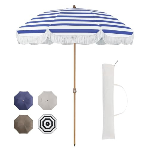 Tempera 7ft Outdoor Patio Umbrella with Carry Bag,Beach Umbrella with Fringe|Vintage Tassel Umbrella with Prime Steel Pole and Ribs Push Button Tilt,Ideal for Garden Lawn,UPF50+, Blue White Stripes | Amazon (US)