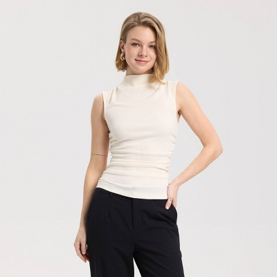 Women's Ribbed High Neck Ruched Top - A New Day™ Cream XXL | Target