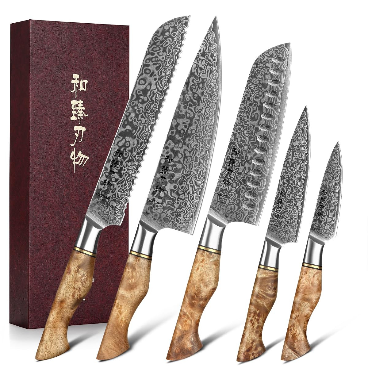 HEZHEN Damascus Kitchen Knives Set, Damascus Steel Japanese Style Chef Knife Utility Knife Santok... | Amazon (US)