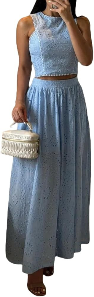NIFTRIRY Two Piece Sets for Women Dressy Sleeveless Embroidered Tank Top Elegant Maxi Skirt Set S... | Amazon (US)