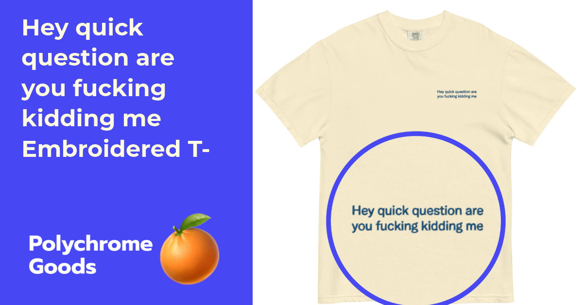 Hey quick question are you fucking kidding me Embroidered T-Shirt | Polychrome Goods