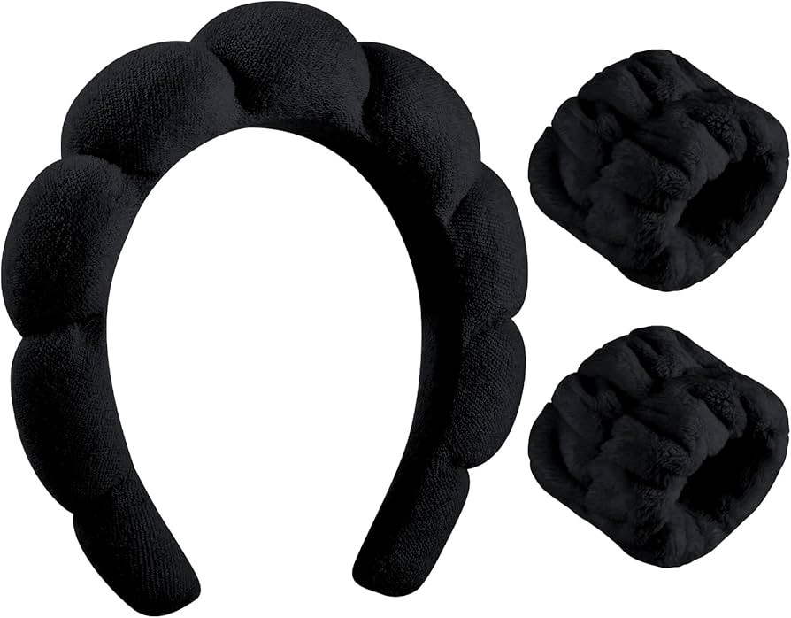 Sponge Spa Headband for Women, Soft Makeup Headband and Wrist Washband Set Black Skincare Headban... | Amazon (US)