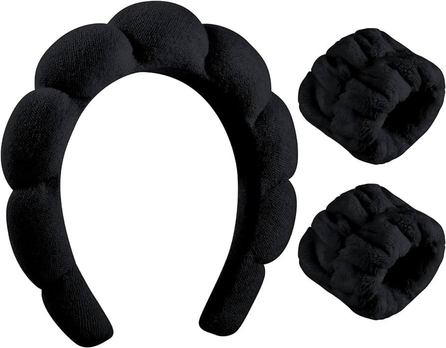 Sponge Spa Headband for Women, Soft Makeup Headband and Wrist Washband Set Black Skincare Headbands  | Amazon (US)