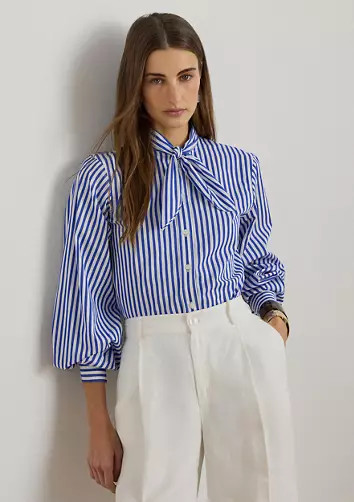 Women's Striped Cotton Broadcloth Tie-Neck Shirt | Belk