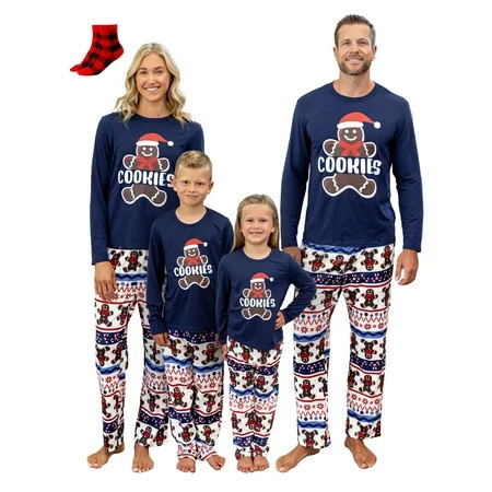 PatPat Christmas Pajamas Family Matching 2 Piece Holiday Pjs Sets with Socks Long Sleeve Women Couple Pjs with Cute Gingerbread Man Cookies Pattern, Royal Blue, M | Walmart (US)