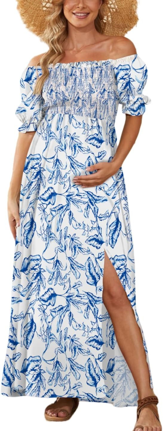 Floral Maternity Dress Square Neck Puff Sleeve Smocked Boho Photoshoot Baby Shower Pregnancy Dres... | Amazon (US)