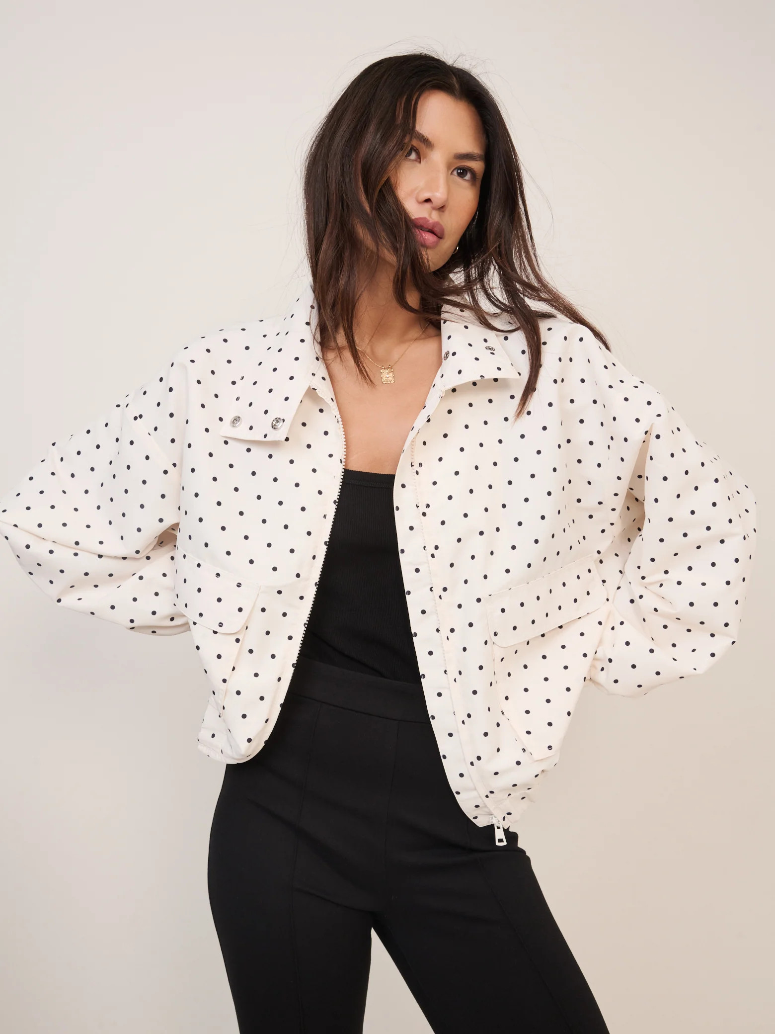 White Polka Dot Funnel Neck Windbreaker Jacket | Nobody's Child