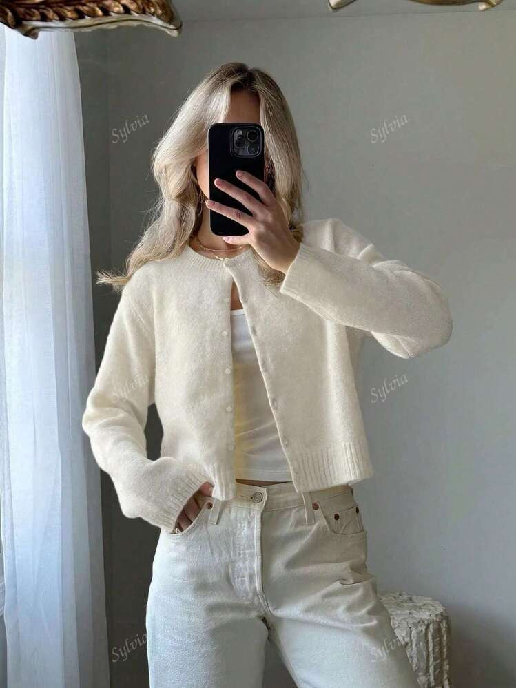 Women Plain Color Round Neck Button Down Long Sleeve Knit Cardigan | SHEIN