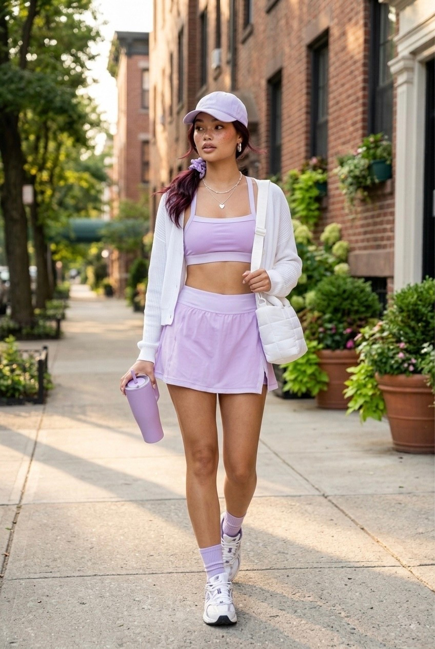 Soft morning walk outfit 💜

Wearing size small in the sports bra and skirt and size 8 in the sneakers. The set is breathable, flattering, and easy to layer with a lightweight cardigan. Perfect for walks, coffee runs, travel days, or casual weekend errands.

This is one of those outfits that makes staying active feel effortless.

Everything is linked here 🤍

#LTKSpringSale #LTKSeasonal #LTKdayinmylife