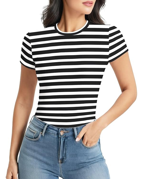 Striped Shirt Women Short Sleeve, Round Neck T-Shirts for Woman Stripes, Fitted Ribbed Tee Stretc... | Amazon (US)