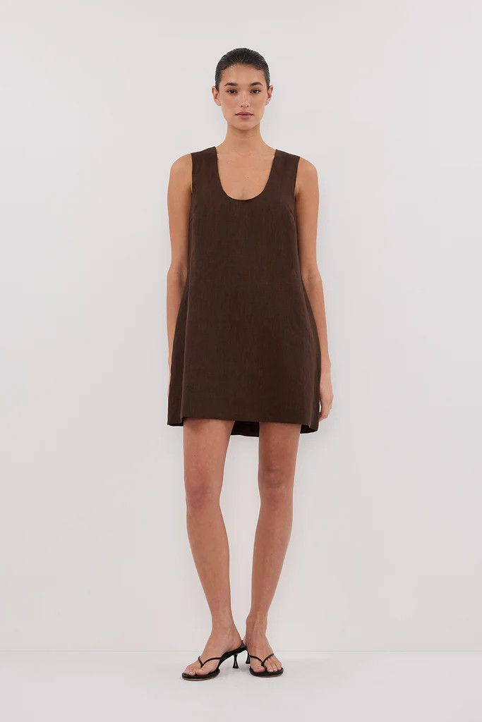 LOTUS BITTER CHOC LINEN MINI DRESS | DISSH