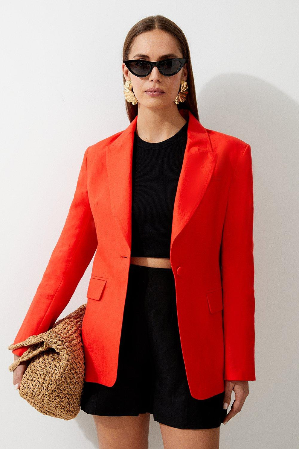 Premium Linen Tailored Single Breasted Longline Blazer | Karen Millen US