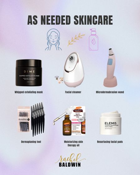 I recently shared my skincare my time of day - now I’m sharing my *AS NEEDED* go-to skincare 🧖‍♀️:

🔘 Dime whipped exfoliating mask
🔘 Vanity Planet facial steamer
🔘 Vanity Planet microdermabrasion wand
🔘 Kitsch dermaplaning tool
🔘 Palmers skin therapy oil
🔘 Elemis resurfacing facial pads

#LTKbeauty #LTKsalealert