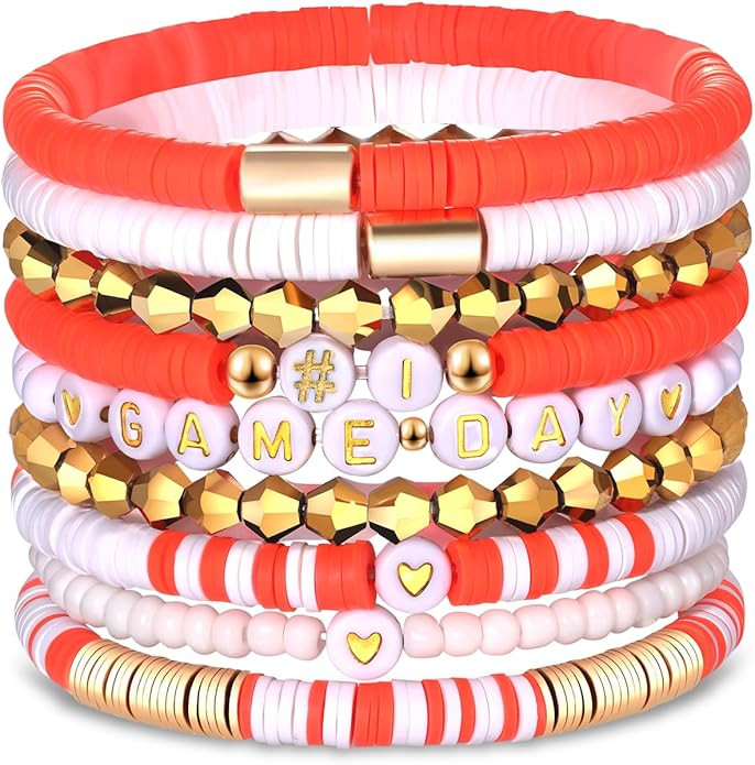 9 Pack Game Day Bracelets for Women Stackable Heishi Beaded Stretch Bracelet Football Sport Fan B... | Amazon (US)