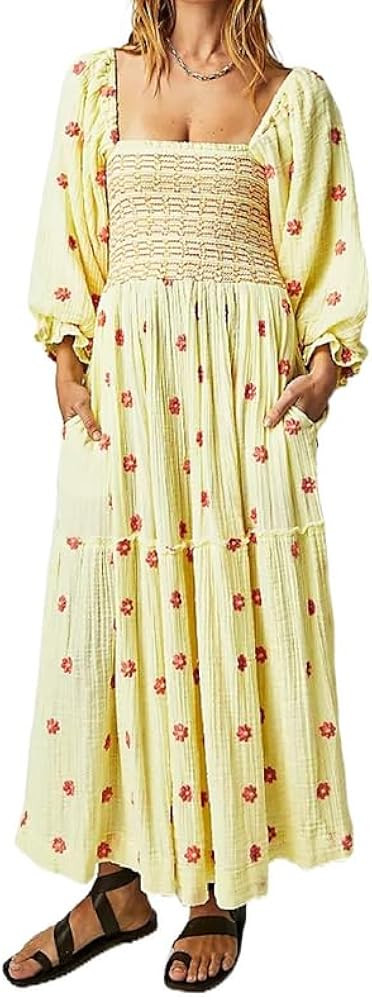 Women Puff Sleeve Embroidered Maxi Dress Square Neck Floral Flowy Long Dress High Waist Flower Ti... | Amazon (US)