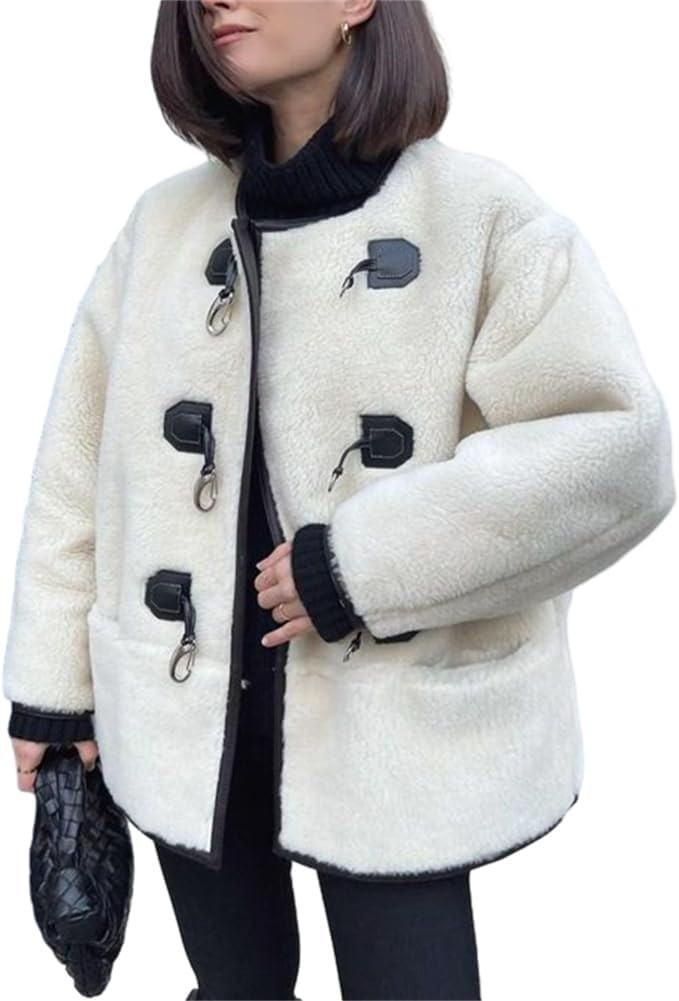 HOULENGS Women's Winter Faux Fur Long Sleeve Jacket Button Down Sherpa Fleece Coat Outwear with P... | Amazon (US)