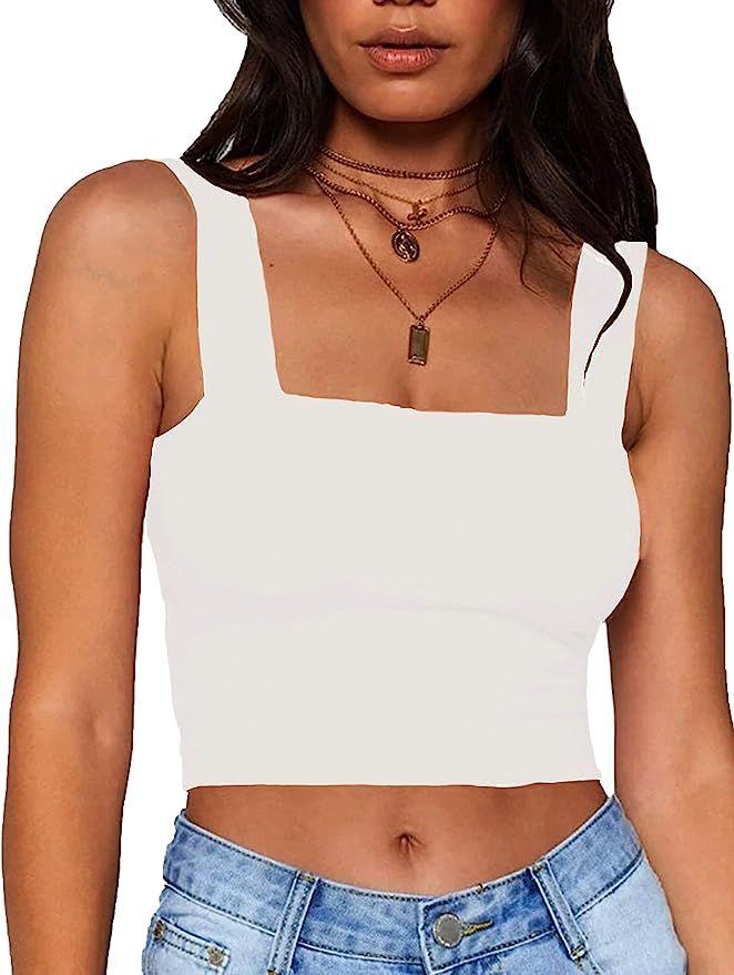 MISSACTIVER Women Summer Basic Crop Top Solid Sleeveless Stretch Crop Vest Square Neck Slim Crop ... | Amazon (US)