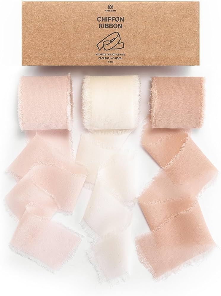 Vitalizart 3 Rolls Handmade Fringe Chiffon Silk Ribbon 1 1/2 Inch x 7Yd Pink & Cream Ribbons Set ... | Amazon (US)