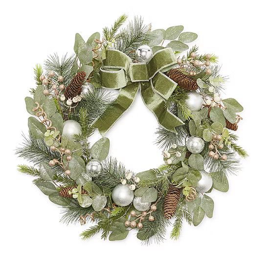 North Pole Trading Co. Green Velvet Silver Glitter Indoor Pre-Lit Christmas Wreath | JCPenney