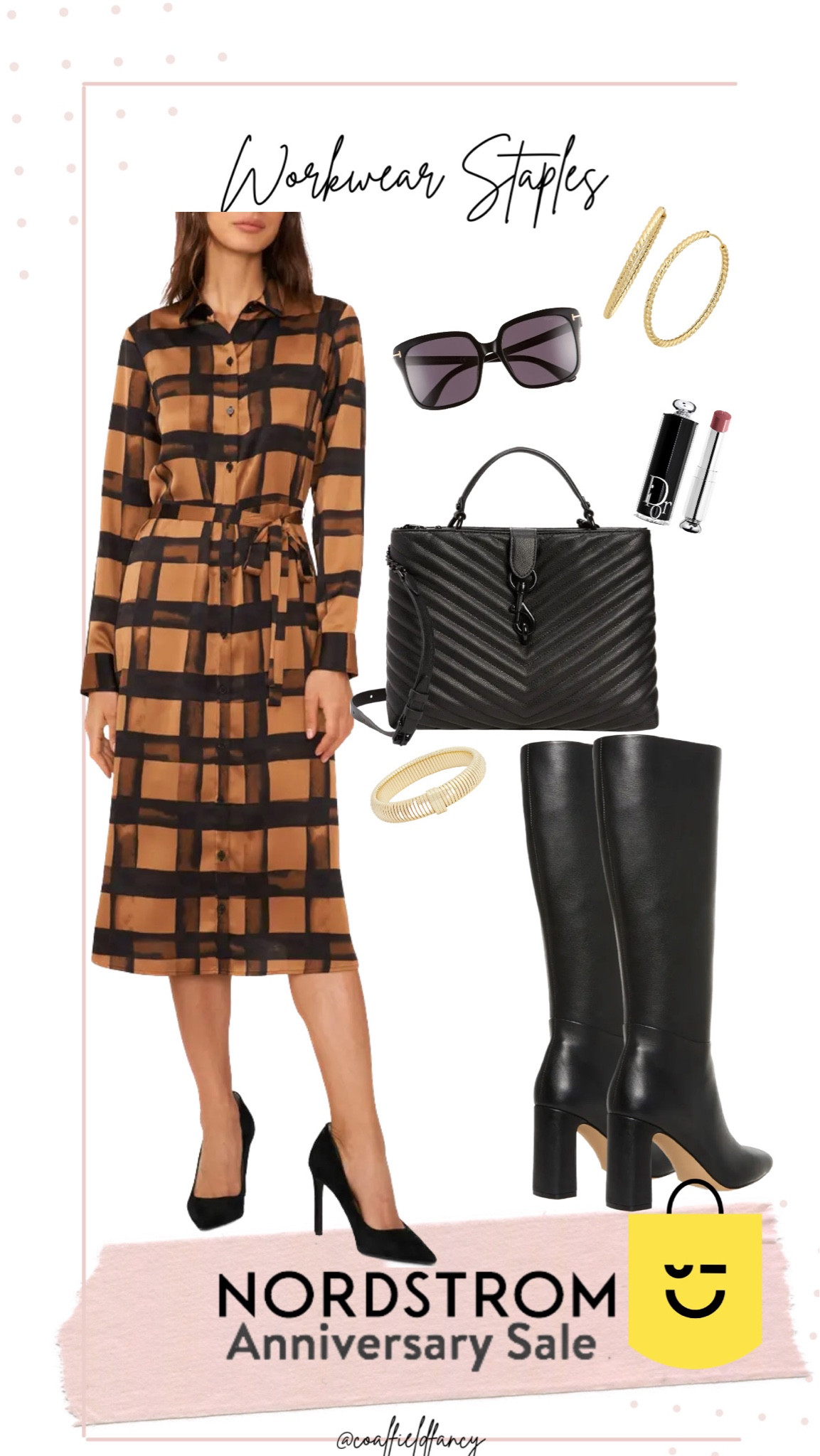 Nordstrom Anniversary Sale 
Plaid dress
Black bag
Black boots 

#LTKworkwear #LTKxNSale