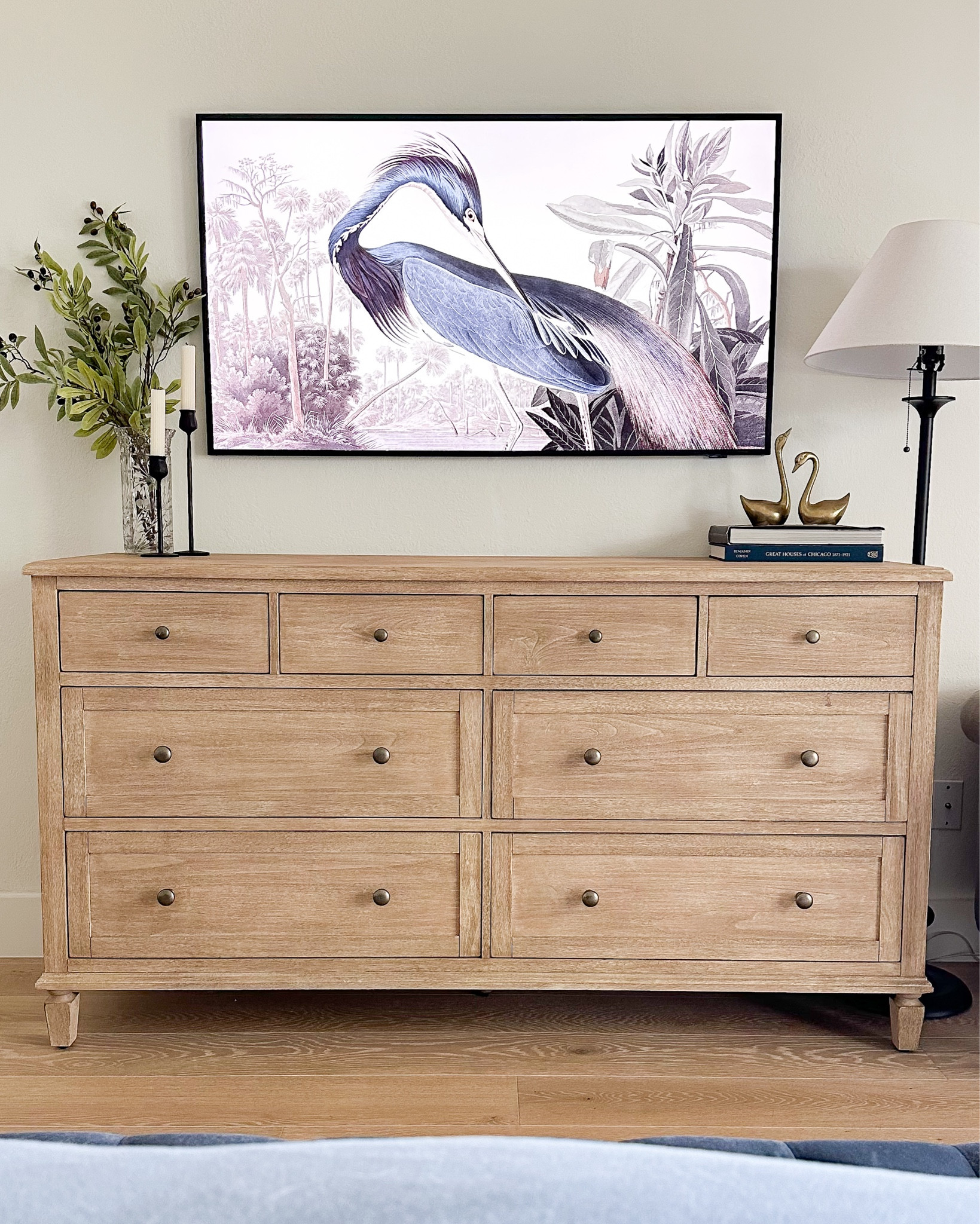 How I styled our bedroom dresser wall with our 55” Frame TV, lamp, accent chair and floor mirror!

#LTKsalealert #LTKstyletip #LTKhome