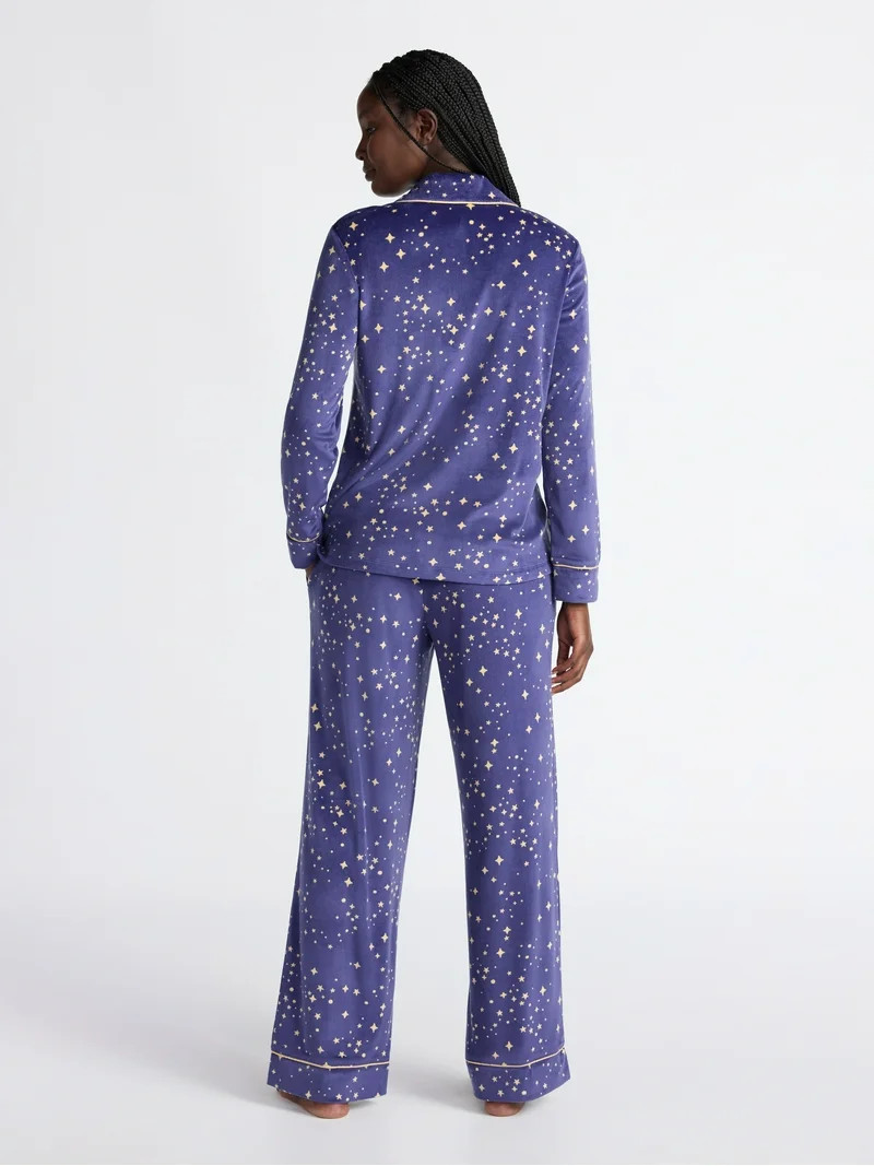 Joyspun Women’s Stretch Velour Notch Collar Long Sleeve Pajama Set, Sizes XS to 4X | Walmart (US)