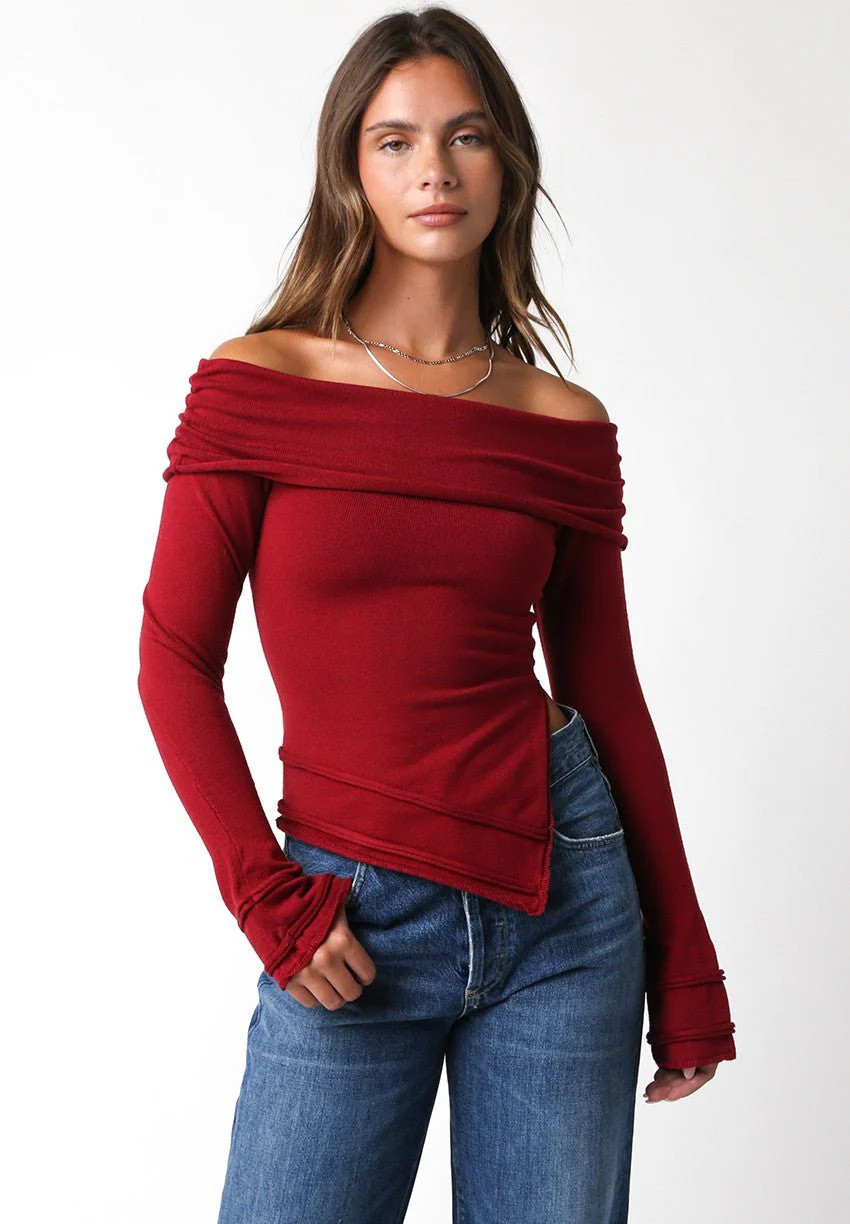 Andrea Red Off Shoulder Asymmetric Sweater Top S | Boho Pink