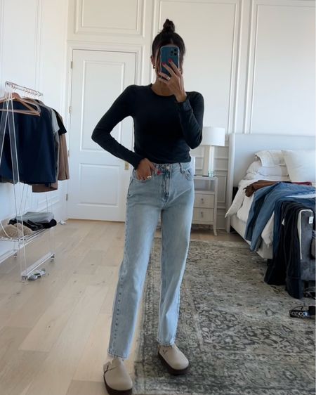 Found the cutest new jeans for fall 🖤 these straight leg jeans are so comfortable and flattering - I got them in multiple colors!
Sizing: size up 1 - I usually wear size 25 & have size 26 in these.

Fall style; fall outfit; mom style; casual style; free people; straight leg denim; fall denim; birkenstock platforms; birkenstock dupes; black tee; Christine Andrew 

#LTKstyletip #LTKSeasonal