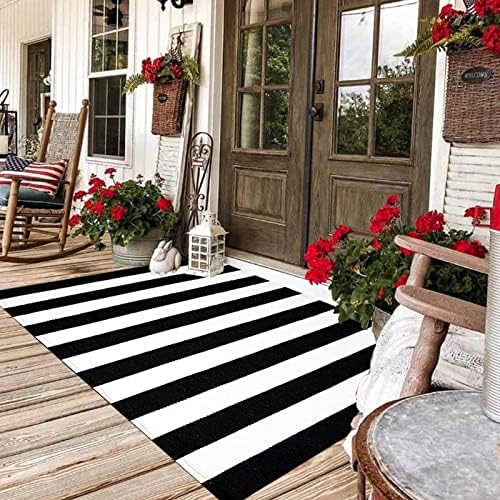 Black and White Striped Rug Outdoor Reversible Mat 35.4'' x 59'' Front Door Mat Hand-Woven Cotton... | Amazon (US)