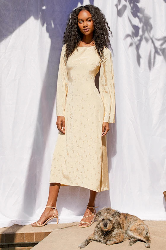 Truly Angelic Yellow Jacquard Long Sleeve Backless Midi Dress | Lulus (US)