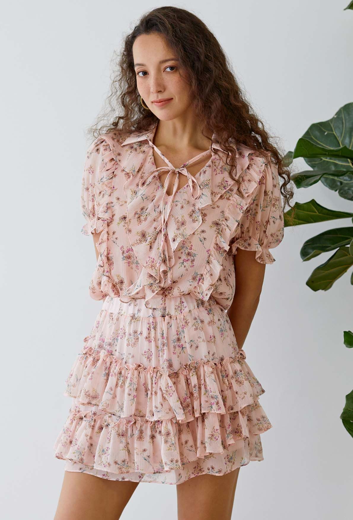 Ruffle Chiffon Top and Tiered Mini Skorts Set in Pink Floral | Chicwish
