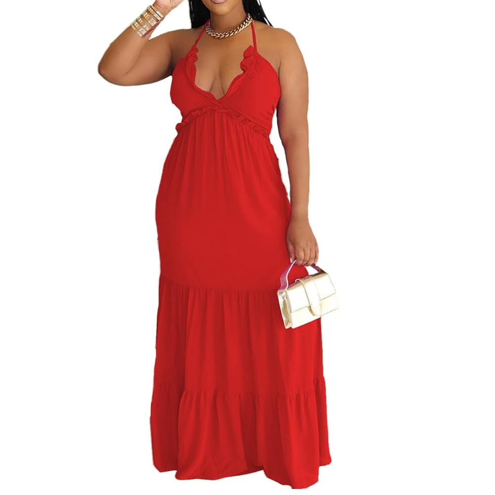TOPSRANI Womens Sleeveless Maxi Dress Halter Casual Backless Smocked Tiered Ruffle Flowy Sexy Sli... | Amazon (US)