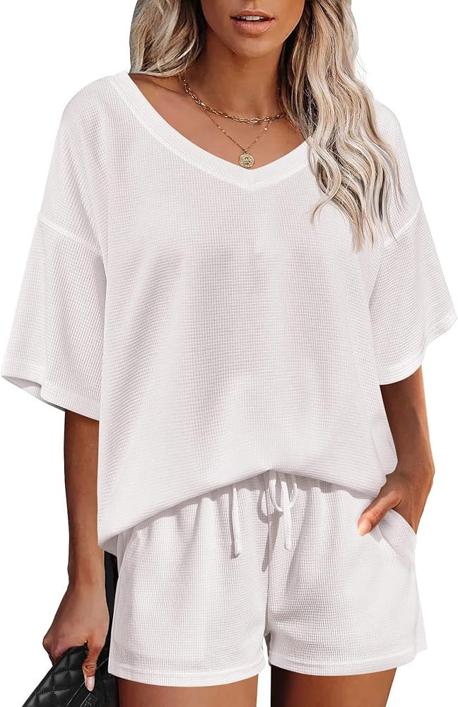Ekouaer Womens 2 Piece Short Sleeve Waffle Knit V Neck Off Shoulder Casual Loose Fit Sweatsuit Ou... | Amazon (US)