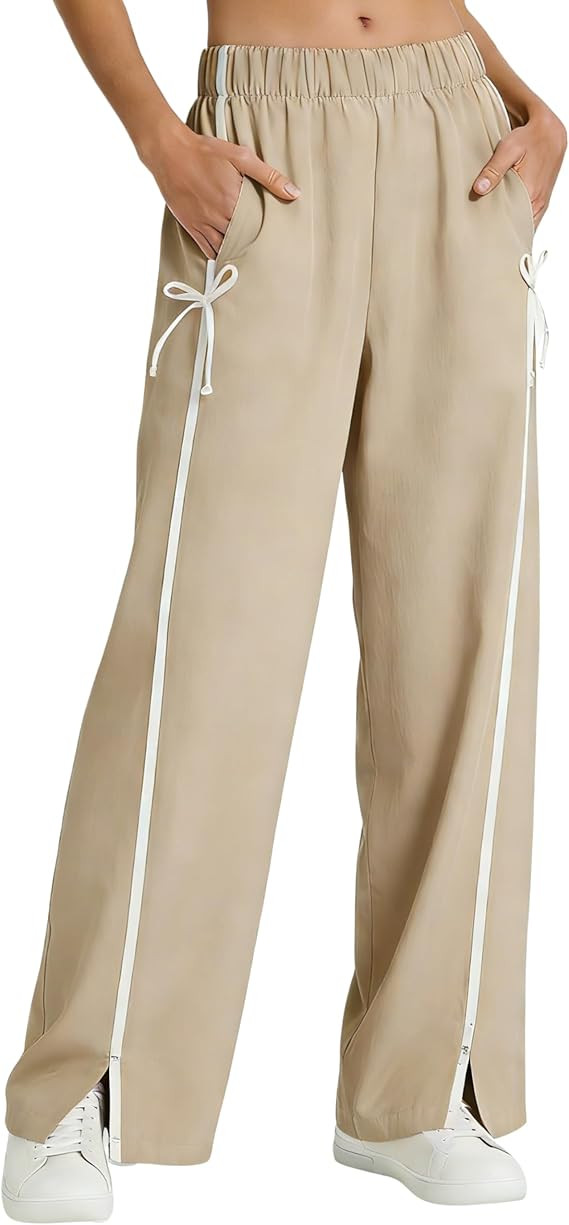 Hongsui Women's Striped Wide Leg Pants Bow Tie Knot Sweatpants Elastic Waist Baggy Track Pants wi... | Amazon (US)