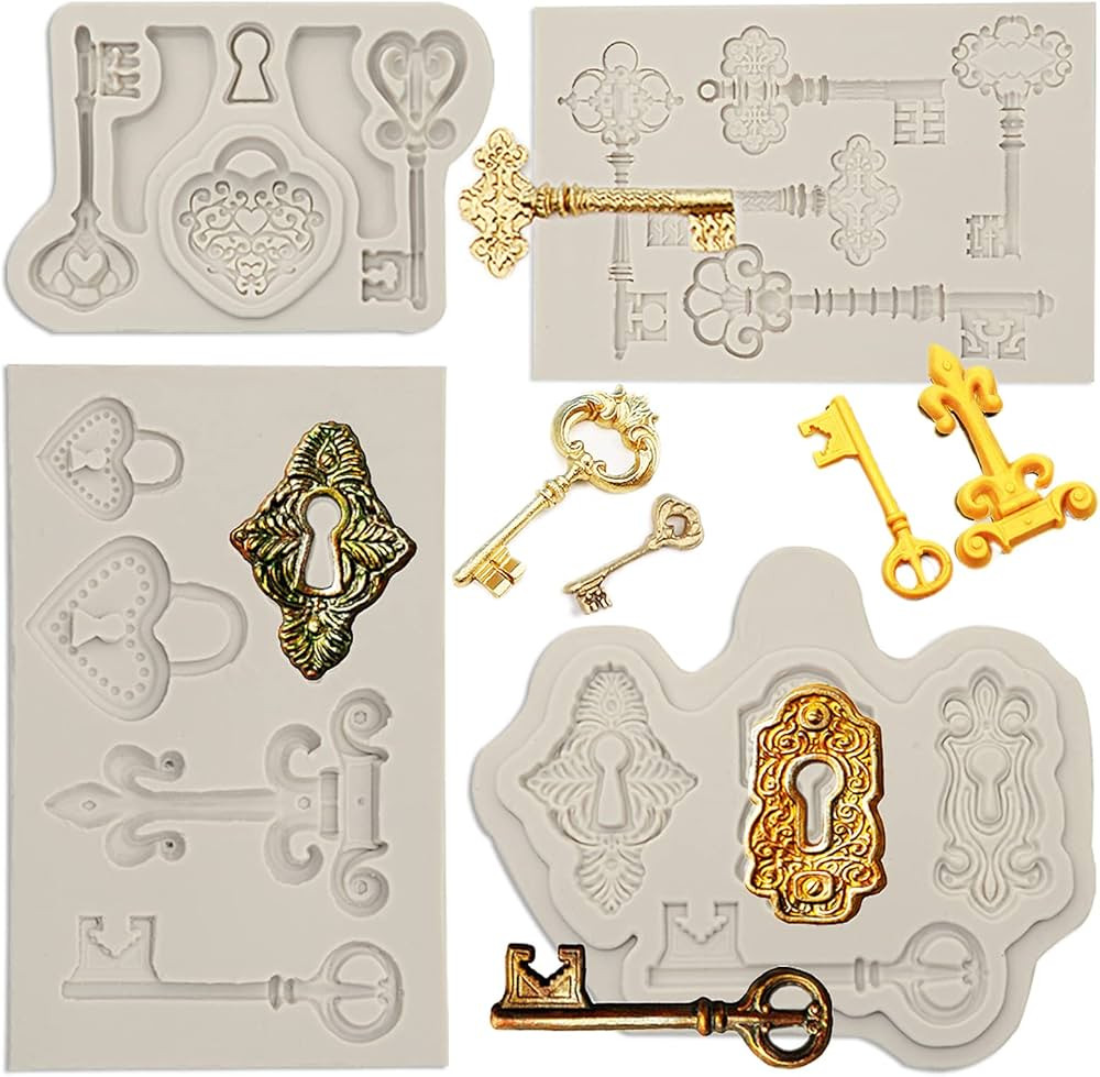 Vintage Key Fondant Molds (4 Pack), Lock Keyhole Silicone Chocolate Molds, Mini Love Keys for Bir... | Amazon (US)