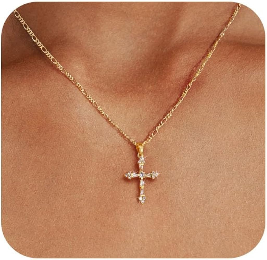 Cross Necklace for Women,Double Cross Necklace 14K Gold Plated Cross Pendant Necklace Dainty Gold... | Amazon (US)