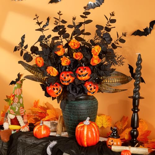 Serwalin Halloween Artificial Flowers Black Rose with Pumpkin, 4PCS Halloween Faux Floral Stems Maple Leaves Branches for Halloween Indoor Table Arrangement Decoration(No Vase) | Amazon (US)