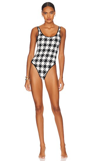 Piped Scoop One Piece in Black & White Houndstooth | Revolve Clothing (Global)