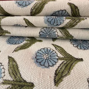 Green Blue Block Printed Upholstery Cotton Fabric | Heavyweight Duck Canvas | Indian Floral Print... | Etsy (Global)