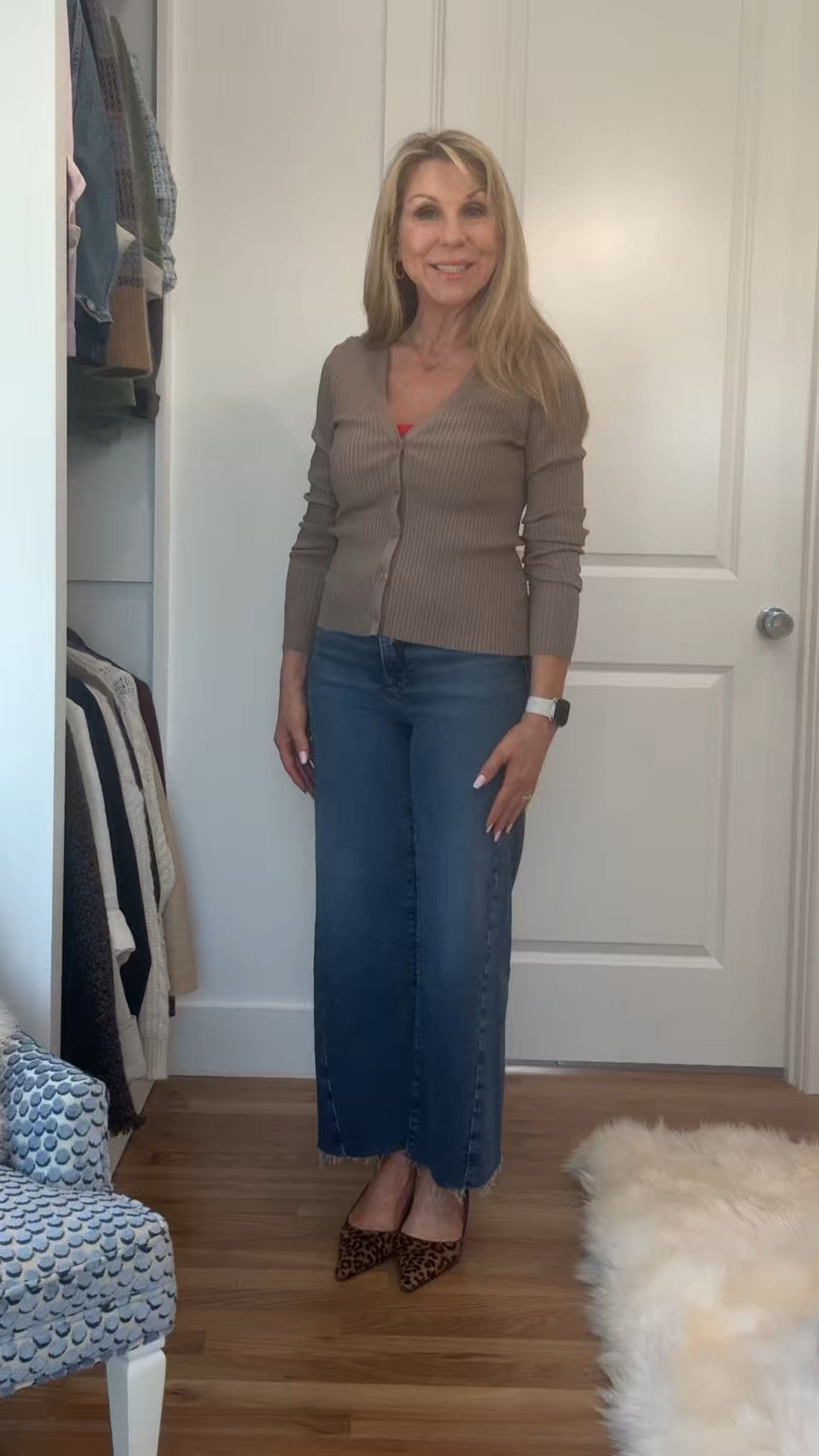 These jeans from Good American are a cropped wide leg. But not overly wide. They have a lot of stretch so very comfortable and have a lot of interest with the raw hem and an asymmetrical seam.  
This light weight cardigan comes in other colors and is very versatile since it can easily be worked casually or dressed up. Very work appropriate with a skirt or a pair of trousers. 
I’m wearing it with a bodysuit with also comes in different colors. I will point out that it is a thong so if thongs bug you it might not be one you’ll like. I actually find it comfortable and like that there are no panty lines  

#LTKWorkwear #LTKOver40 #LTKStyleTip