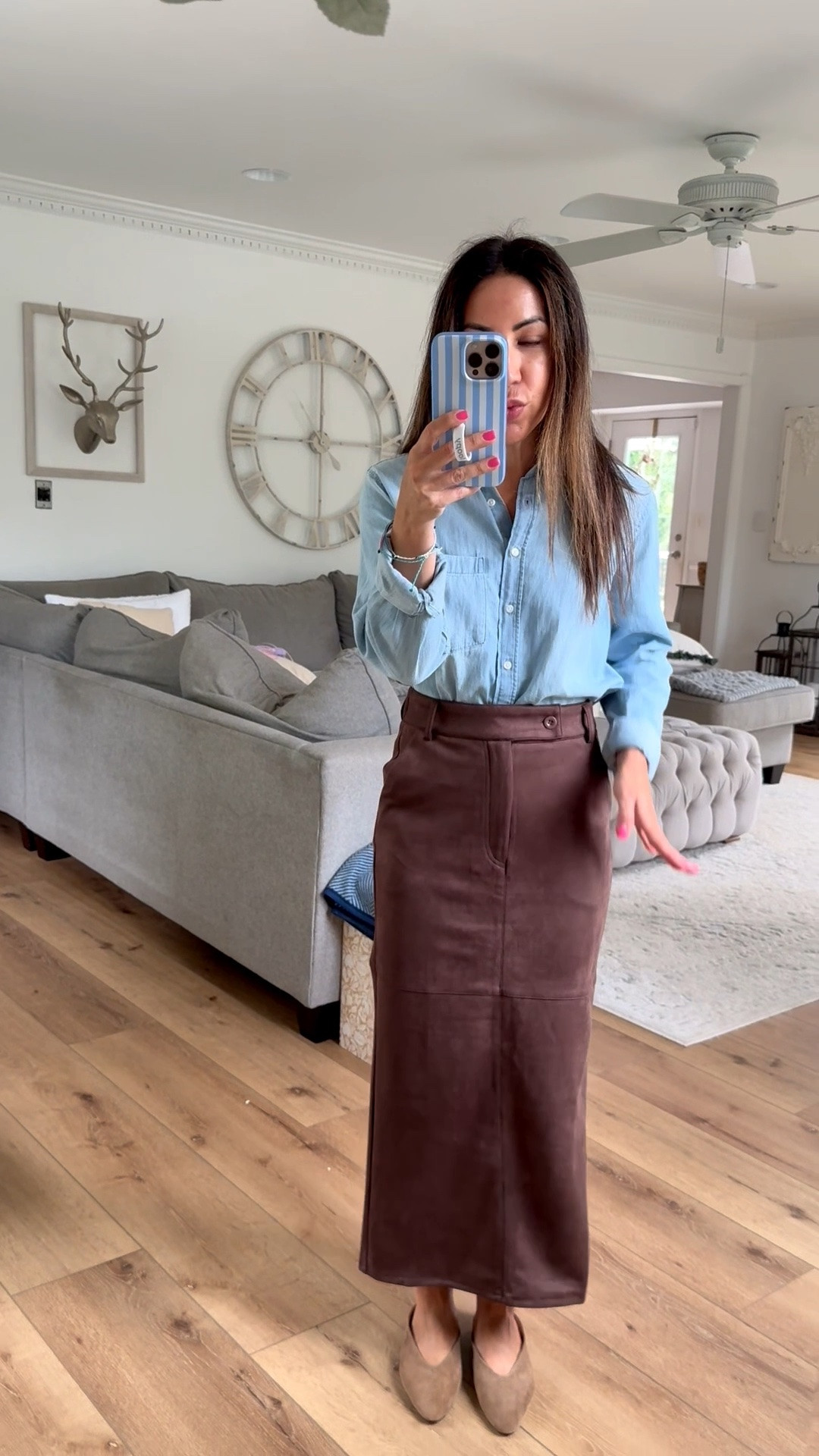 Small suede skirt. Small denim shirt.

#LTKOver40 #LTKWorkwear #LTKSaleAlert
