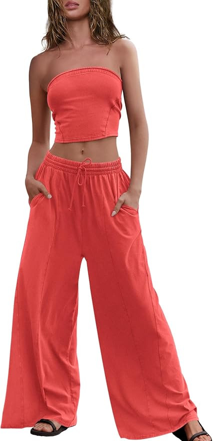 Panadila Womens Summer Lounge Sets 2 Piece Outfits Tube Top and Wide Leg Pants Matching Set Beach... | Amazon (US)