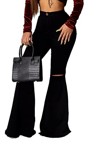 Black Bell Bottom Jeans for Women Ripped High Waist Skinny Hole Classic Flare Jean Denim Pants Fashion XX-Large | Amazon (US)