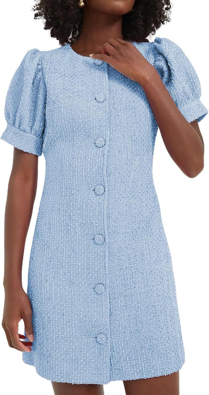 Womens Tweed Jackie Dress Elegant Crew Neck Puff Short Sleeve Button Down Mini Dress | Amazon (US)