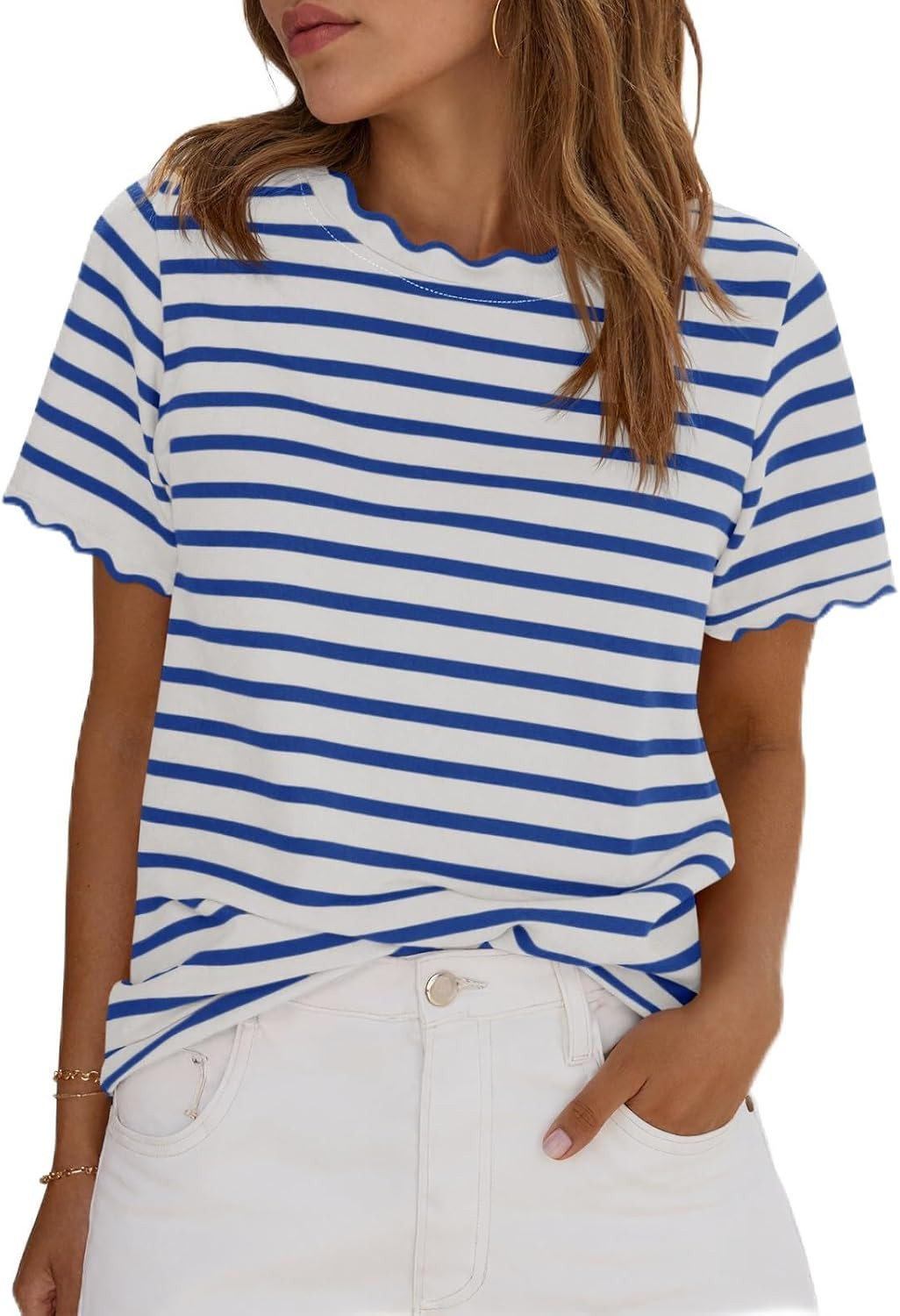 Tankaneo Womens Short Sleeve Striped Tshirt Summer Colorblock Scalloped Top | Amazon (US)