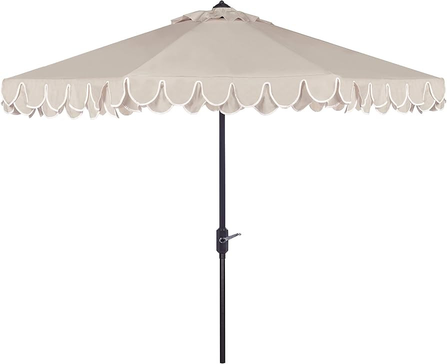 SAFAVIEH 9ft Outdoor Patio Umbrella, Round, Valance, Beige & White Trim, Auto Crank Tilt, UV Resi... | Amazon (US)